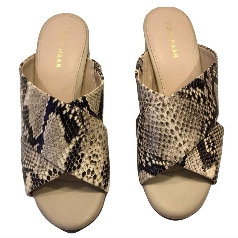 Cole Haan Dakota Snakeskin Printed Crisscross Block Heel Slip On Sandal Mules - Picture 3 of 8